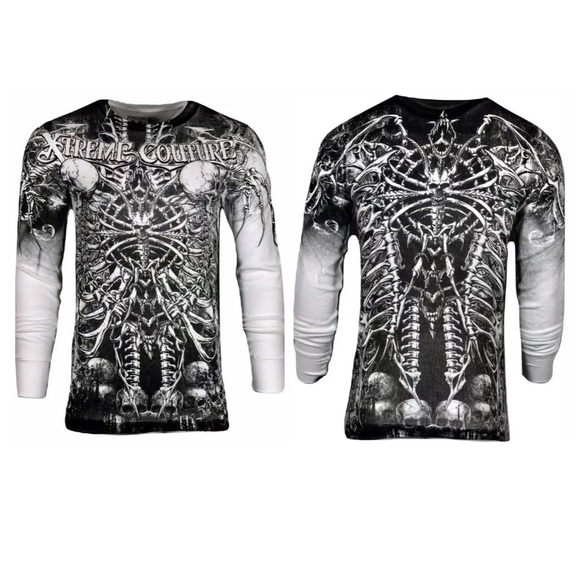 Xtreme Couture by Affliction Men's Thermal Shirt CATACOMBS Skull Biker White - Picture 2 of 7